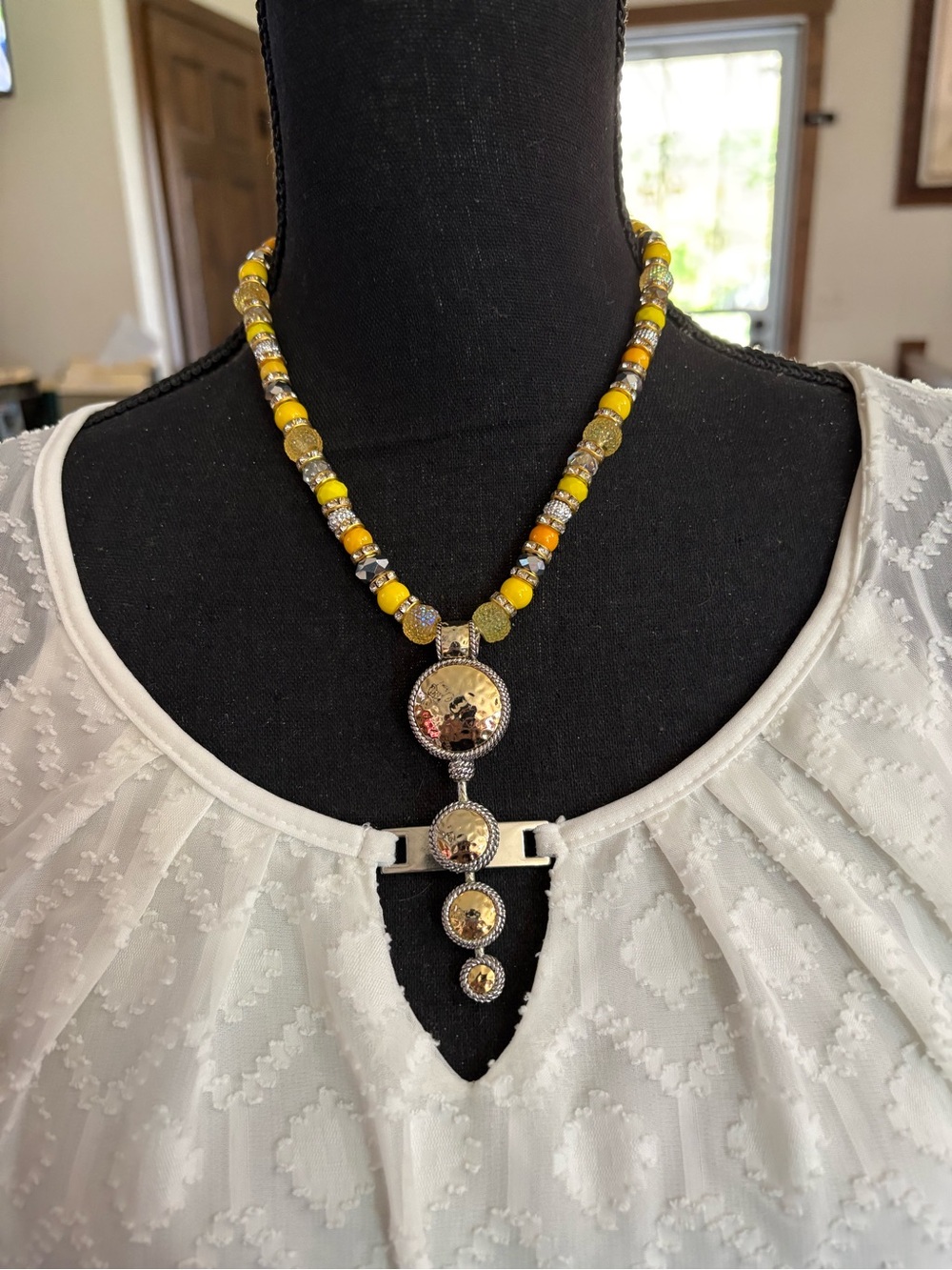 Handmade Yellow Beaded Pendant Necklace. 11 3/4 inches